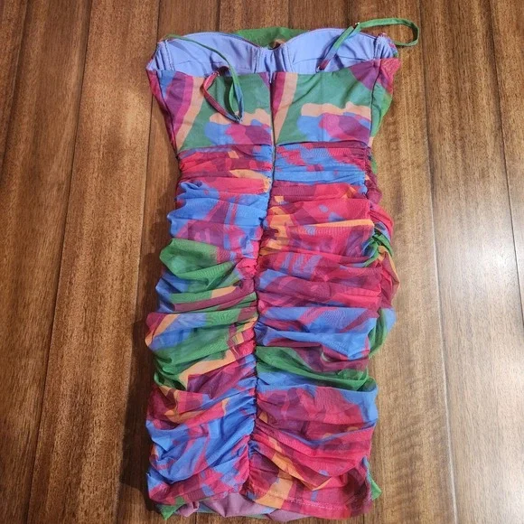 Princess Polly Ruched Mesh Bodycon Mini Dress‎ Abstract Print Strappy - Picture 6 of 9